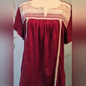 Boho Crochet And Lace Trim Burgundy Pink and White Blouse S